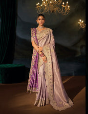 ROSE GOLD TANCHOI SILK SAREE WITH JARI,CUT-DANA,MOTI & EMERALD HEAVY HAND WORK And 1 Extra Dupatta