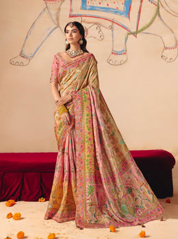 Blush Peach colour Dola Zari Silk Saree with Heavy Embroidery & Cutwork Lace
