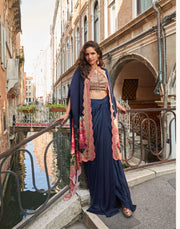 Dark Blue Readymade Crepe Skirt Set With shrug