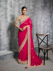 Rani Pink & Golden Beige Blouse Silk Saree with Embroidered Border Designer Blouse