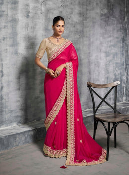 Rani Pink & Golden Beige Blouse Silk Saree with Embroidered Border Designer Blouse
