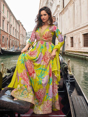 Lime Yellow-Pink Floral Chinon Silk Anarkali Gown with Dupatta