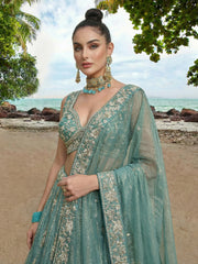 Turquoise Chiffon Sequence with zari thread Embroidered Lehenga Set