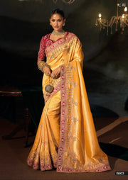 MUSTARD MADHURAI SILK SAREE WITH JARI, THREAD, CUT- DANA & MOTI HEAVY HAND WORK