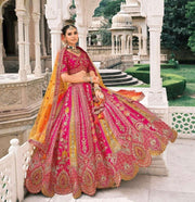 Pink and Orange Silk Heavy Mirror & Sequins Embroidered Bridal Lehenga