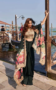 Dark Green Readymade Crepe Skirt Set With shrug