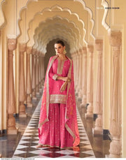 Pink Embroidered Chinon Kurta With Sharara & Dupatta