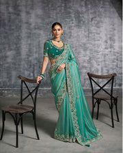 Beetle Green brown Saree with Embroidered Border Designer Blouse