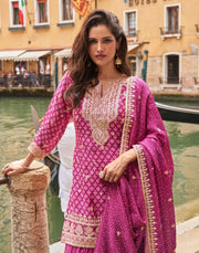 Purple Embroidery Print Sharara Suit Set In Chinon Silk