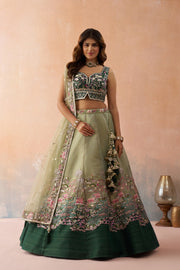 Ombre Green & Lime Sequins Embroidered Semi-Stitched Lehenga Set