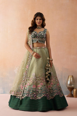 Ombre Green & Lime Sequins Embroidered Semi-Stitched Lehenga Set