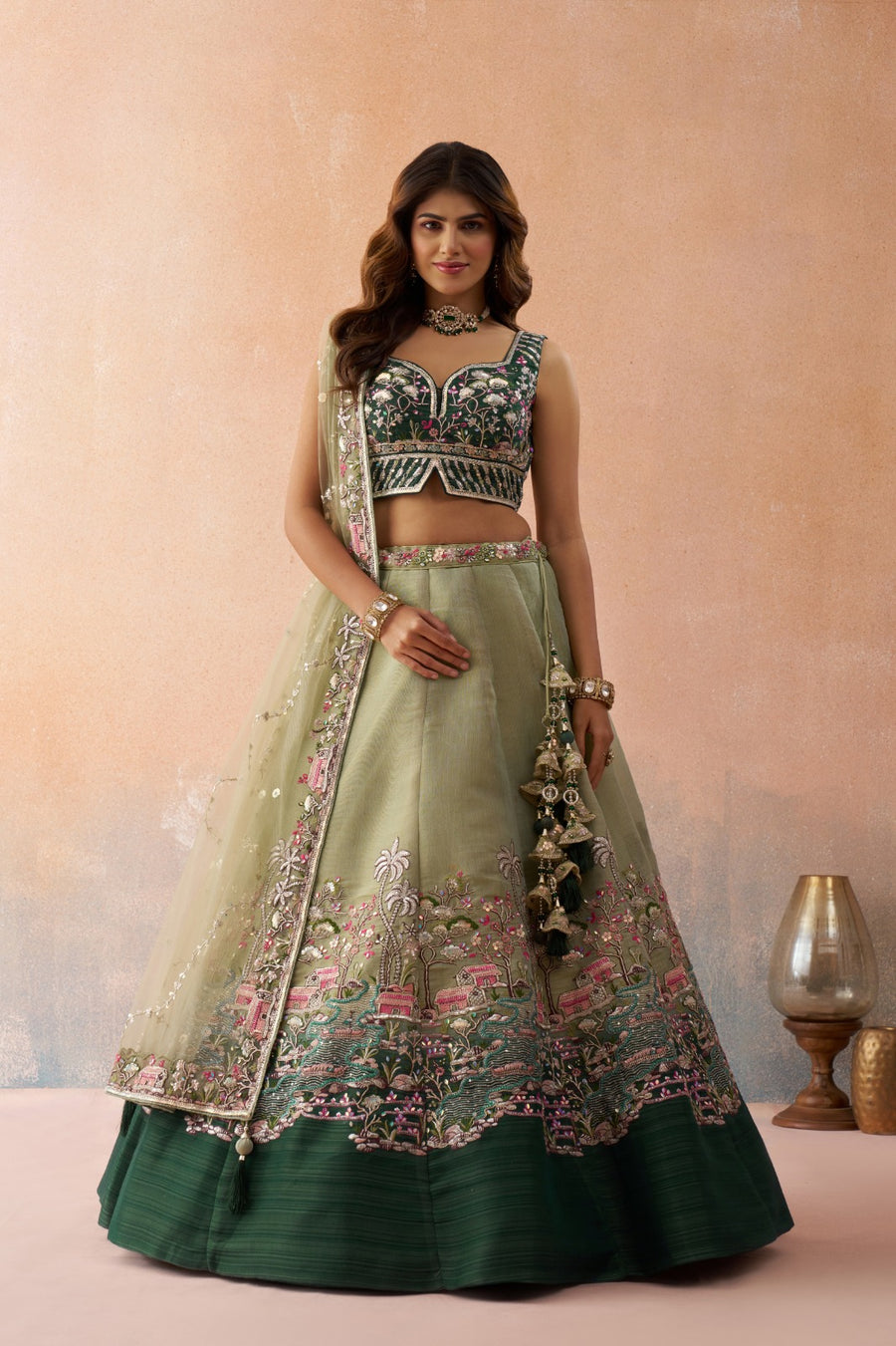 Ombre Green & Lime Sequins Embroidered Semi-Stitched Lehenga Set