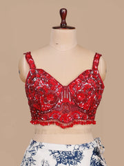 Ruby Red Blouse & Blue Bloom Floral Lehenga