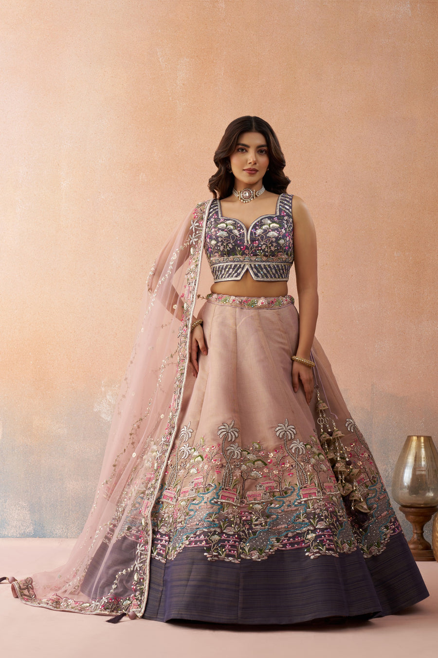 Ombre Purple and Mauve Sequins Embroidered Semi-Stitched Lehenga Set