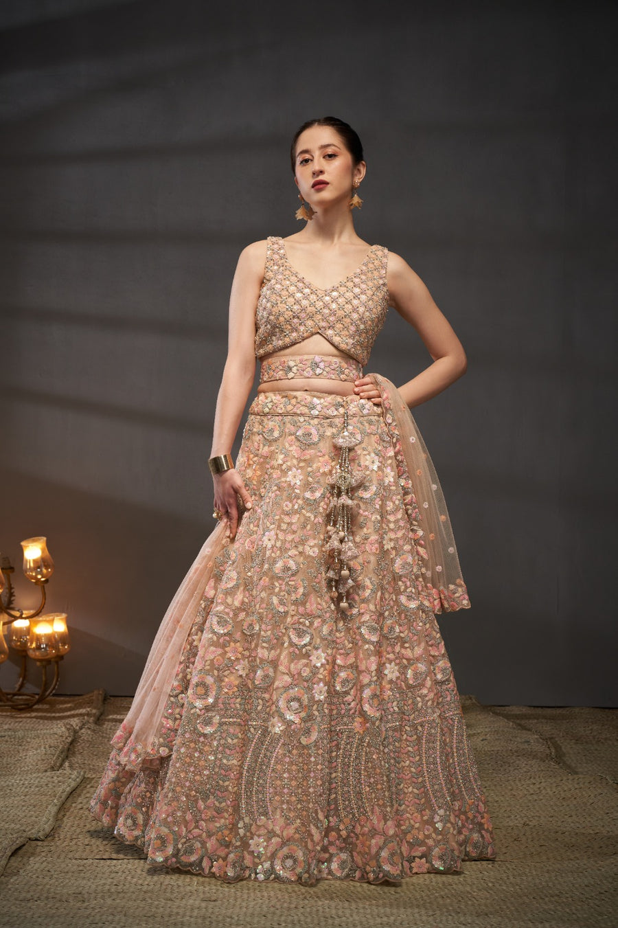 Blush pink Embroidered Sequinned Lehenga & Unstitched Blouse With Dupatta