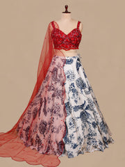 Ruby Red Blouse & Blue Bloom Floral Lehenga