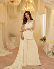 Cream Embroidered Georgette Sharara Suit Set