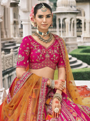 Pink and Orange Silk Heavy Mirror & Sequins Embroidered Bridal Lehenga