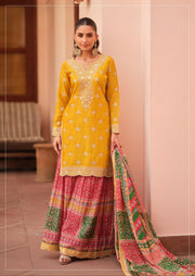 Yellow Pakistani Style Embroidered Suit with Floral Palazzo