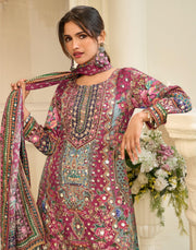 Berry Bloom Embroidered Sharara Suit Set