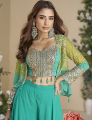 Light Green and blue shade Real Gerogette Chinon Digital Print Plazzo crop top and waist coat