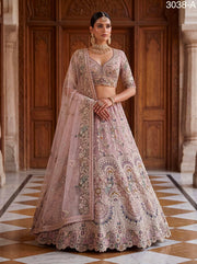 Mauve Mist Premium Net Embroidered Lehenga Choli with Peacock & Paisley Work, Designer Blouse and Soft Net Dupatta