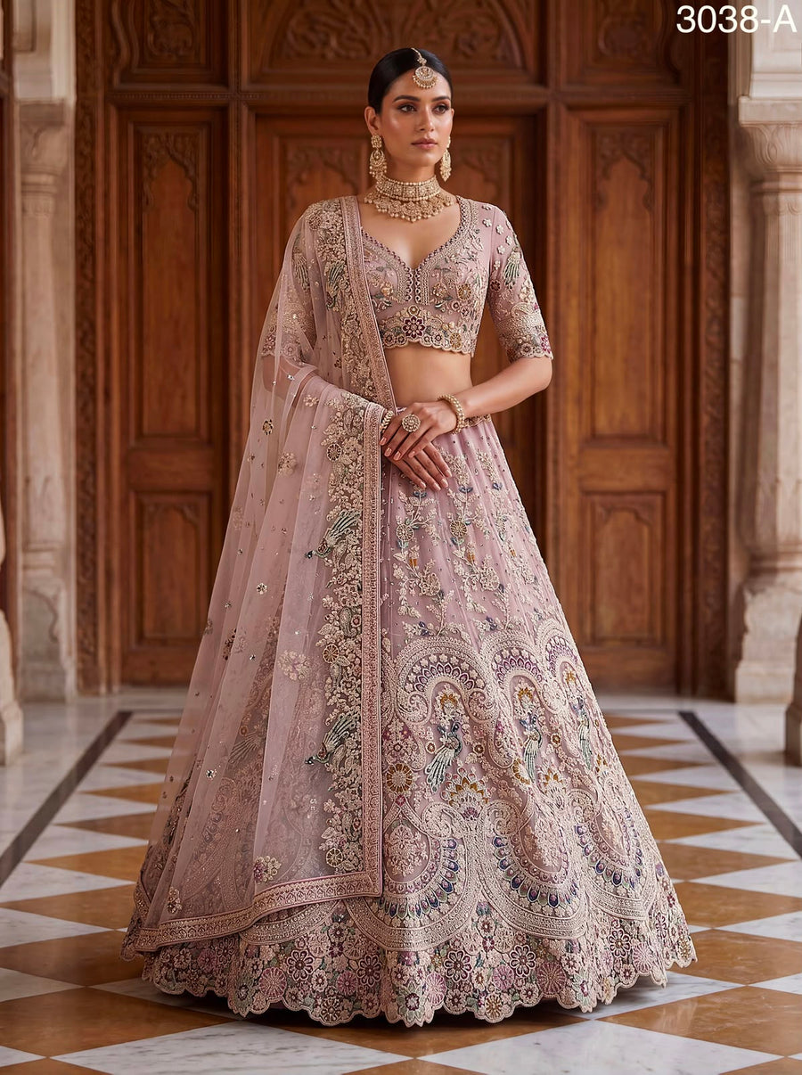 Mauve Mist Premium Net Embroidered Lehenga Choli with Peacock & Paisley Work, Designer Blouse and Soft Net Dupatta