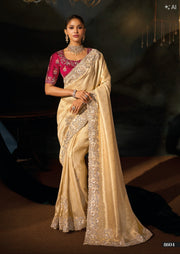 CREAM MADHURAI SILK SAREE WITHJARI, THREAD, SEQUENCE, CUT-DANA & MOTI HEAVY HAND
WORK