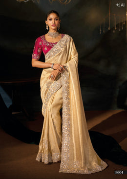 CREAM MADHURAI SILK SAREE WITHJARI, THREAD, SEQUENCE, CUT-DANA & MOTI HEAVY HAND
WORK