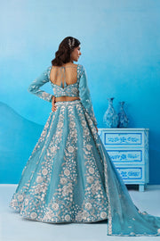 Aqua Blue Organza Designer Lehenga Choli for Wedding