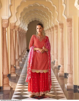Orange Embroidered Chinon Kurta With Sharara & Dupatta