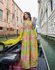 Lime Yellow-Pink Floral Chinon Silk Anarkali Gown with Dupatta