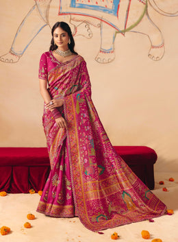 Heritage Pink Peacock Motif colour Dola Zari Silk Saree with Heavy Embroidery & Cutwork Lace