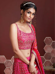 Pink Chinon Silk Embroidery Semi Stitch Lehenga Chol - No Stitch