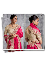 Rani Pink & Golden Beige Blouse Silk Saree with Embroidered Border Designer Blouse