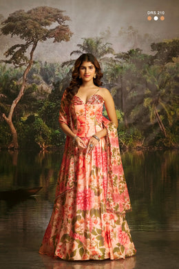 Blush Peach  indo western Printed Thread Work Ready to Wear Lehenga & Blouse With Dupatta