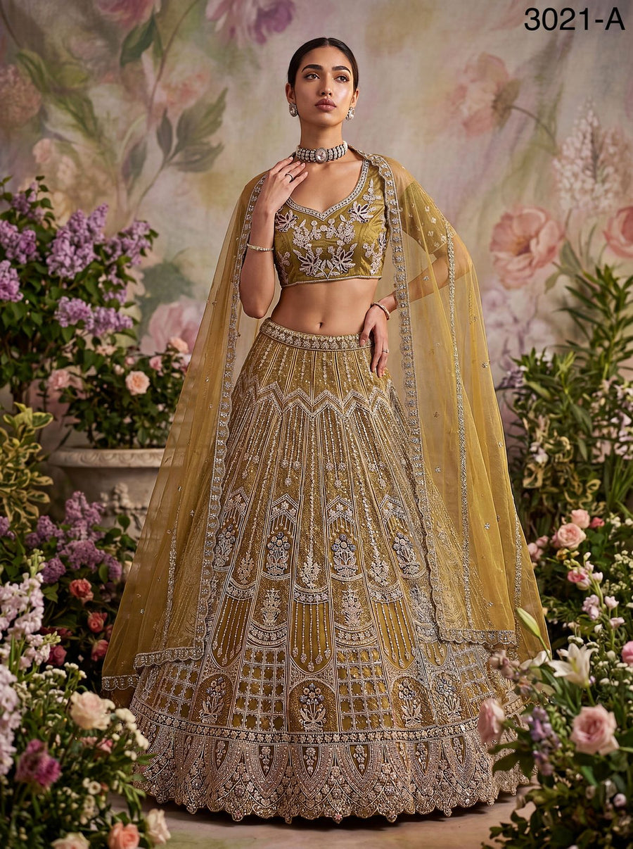 Mustard Pure Soft Heavy Net Fancy Embroidery Work Bridal Lehenga Choli - Mustard