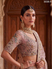 Mauve Mist Premium Net Embroidered Lehenga Choli with Peacock & Paisley Work, Designer Blouse and Soft Net Dupatta