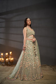 Sea Green & pink Embroidered Sequinned Lehenga & Unstitched Blouse With Dupatta