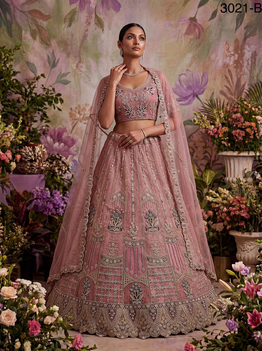 Pink Pure Soft Heavy Net Fancy Embroidery Work Bridal Lehenga Choli - Pink
