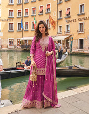 Purple Embroidery Print Sharara Suit Set In Chinon Silk