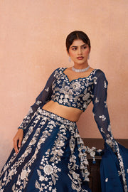 Dark Navy Blue Organza Designer Lehenga Choli for Wedding
