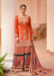 Orange Style Embroidered Suit with Floral Palazzo
