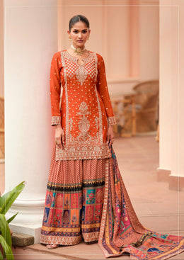 Orange Style Embroidered Suit with Floral Palazzo