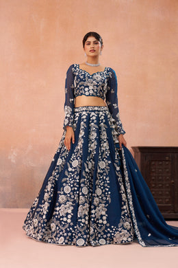 Dark Navy Blue Organza Designer Lehenga Choli for Wedding