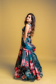 Navy Blue Floral Printed Lehenga Set with Embellished Blouse & Dupatta