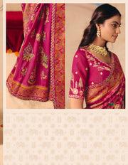 Heritage Pink Peacock Motif colour Dola Zari Silk Saree with Heavy Embroidery & Cutwork Lace