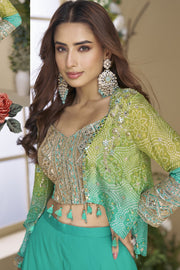 Light Green and blue shade Real Gerogette Chinon Digital Print Plazzo crop top and waist coat