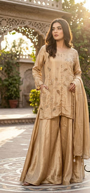 Beige Silk Satin Embroidered Sharara Suit with Matching Dupatta
