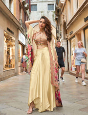 Cream French Crepe Silk Dhoti Set with Heavy Handwork Blouse - Cream